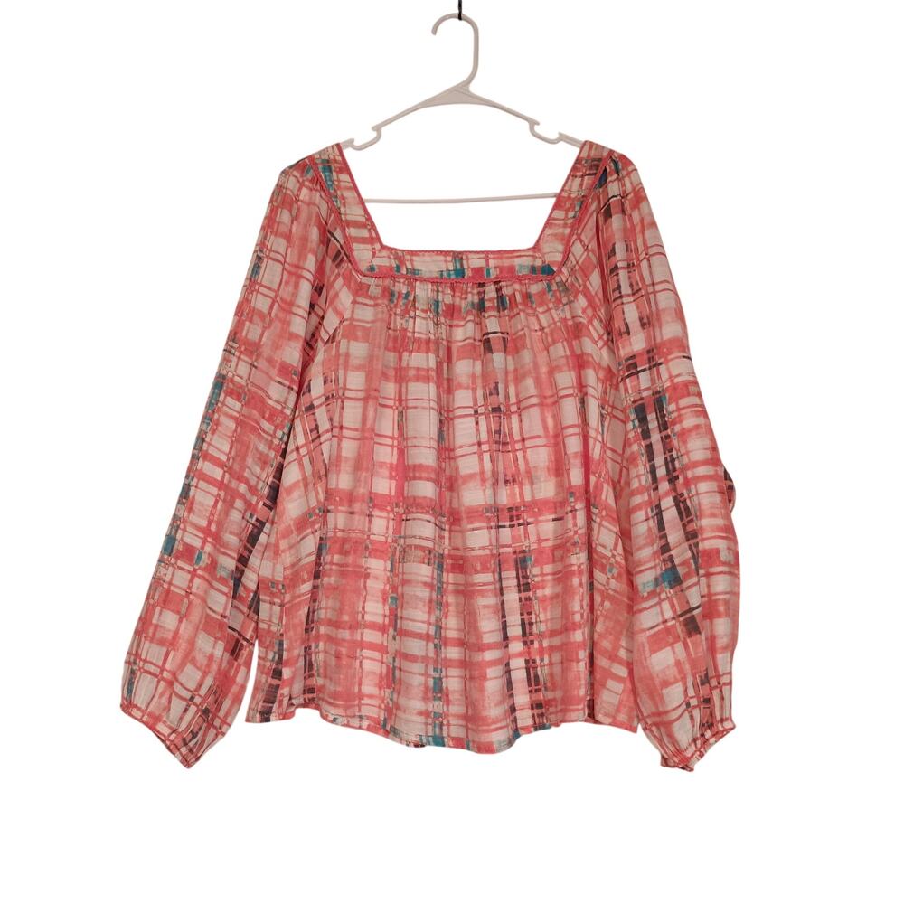 Hope & Harlow Women's Boho Square Neck Plaid Blouse Oversized Hippie Size Lg